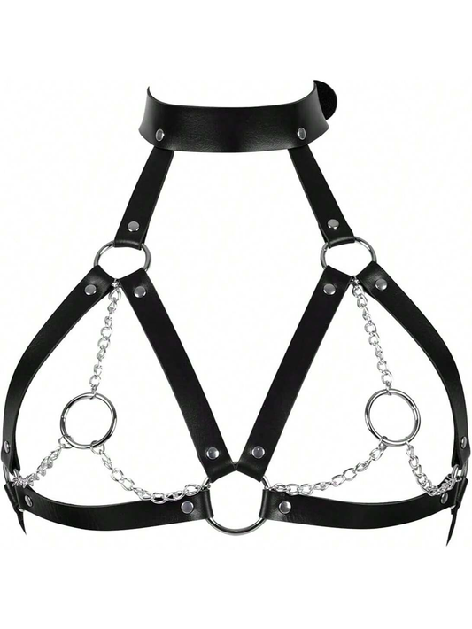 Sexy PU Leather Harness Bra Belt for Women – Adjustable Straps Black Lingerie with Metal Chains, Gothic Clubwear Nightclub Costume