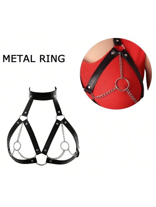 Sexy PU Leather Harness Bra Belt for Women – Adjustable Straps Black Lingerie with Metal Chains, Gothic Clubwear Nightclub Costume